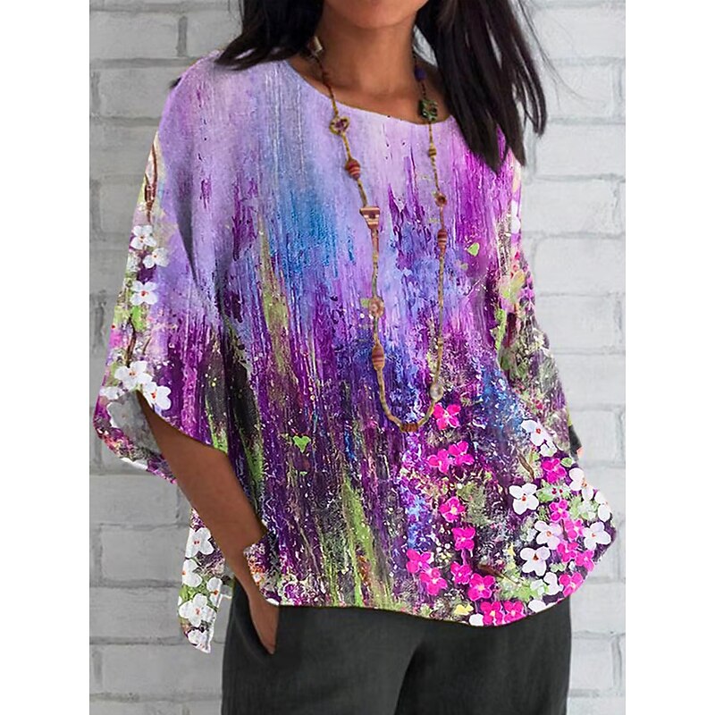 Women's Blouse Long Sleeve Floral Graphic Vintage Stylish Classic 3/4 Length Sleeve Regular Tops Daily Print White Pink Light Purple Purple Summer Spring Fall