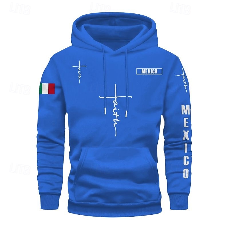Men's Hoodie Black Pink Red Blue Green Hooded Flag Cross Pocket Drawstring Front Pocket Sports & Outdoor Daily Holiday Polyester Streetwear Graphic Casual Fall Winter Clothing Apparel Hoodies