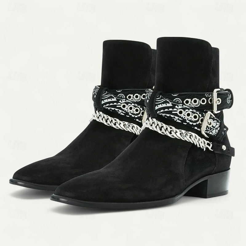 Men's Black Suede Leather Buckle Ankle Boots – Gothic Western Cowboy Style Boots with Chain Decor for Rock Concerts & Streetwear2