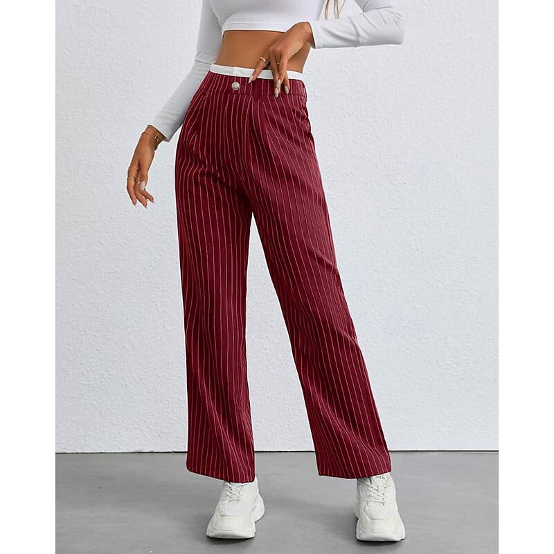 Women's Wide Leg Slacks Pants Trousers Fashion Streetwear Full Length High Waist Striped Pocket Breathability Comfortable Street Daily Wear Going out Wine Black White Navy Blue Summer Spring Regular3