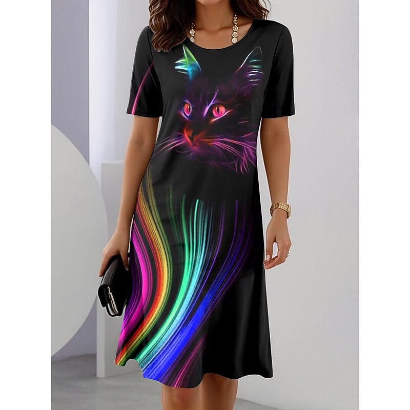 Women's Elegant Party Evening Midi Dress Crew Neck Short Sleeve Shift Dress Summer Dress Casual Daily Regular Fit Ombre Graphic Animal Blue Purple Green Summer Spring Fall2