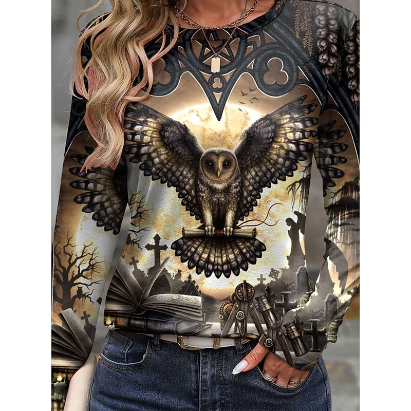 Sarah Richter Women's T shirt Crew Neck Long Sleeve Tunic Graphic Animal Owl Casual  Regular Tops Daily Weekend Print Yellow Fall3