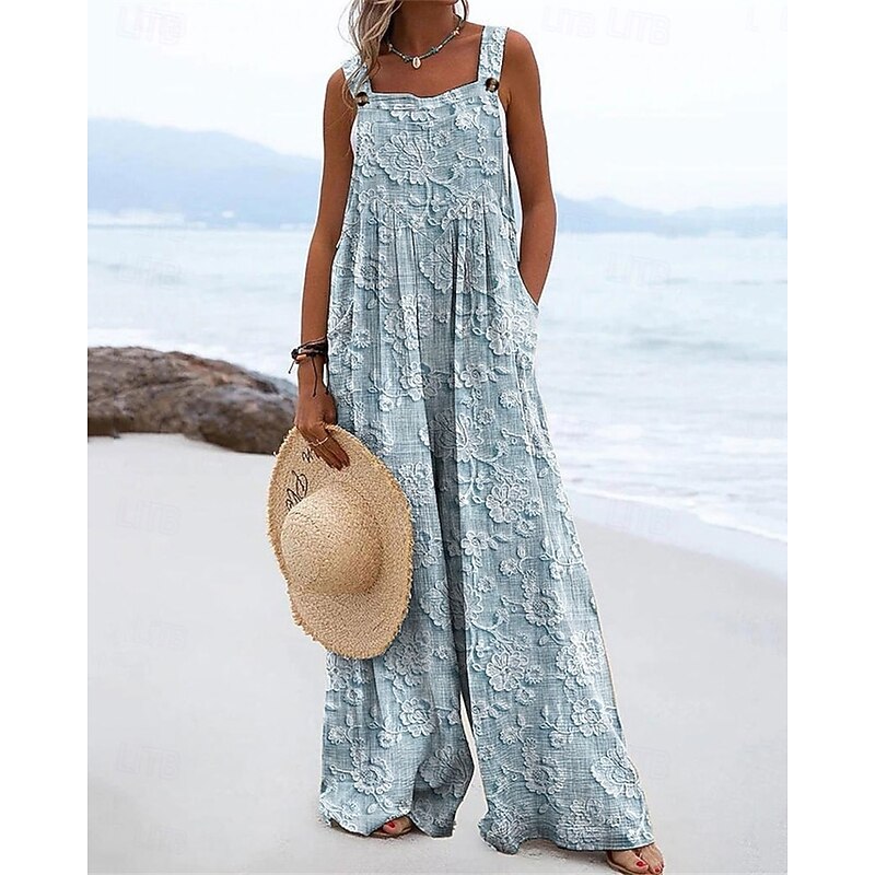 Women's Normal Jumpsuit Streetwear Floral Sleeveless Wide Leg V Neck Pocket Print Street Daily Regular Fit Blue Purple Khaki Summer