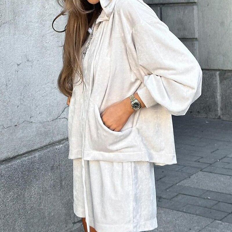 Women's Tracksuit Zip Up Hoodie Track Shorts Drawstring Pocket Solid Colored Clothing Suit Spring Apricot Gym Training Running High Waist Windproof Lightweight Moisture Wicking Long Sleeve Sport3