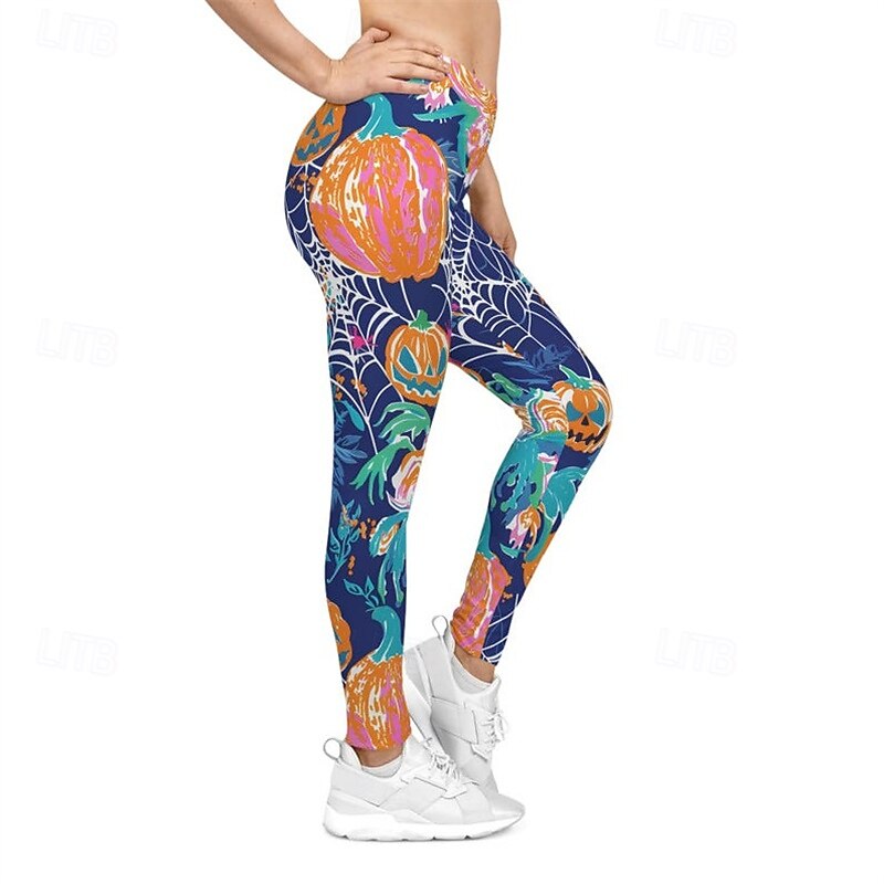 Women's Pants Trousers Leggings Streetwear Casual Full Length High WaistPantsHalloween Pumpkin Elastic Waist Print Breathability Comfortable Stretchy Vacation Street Daily Wear Blue Spring Fall3