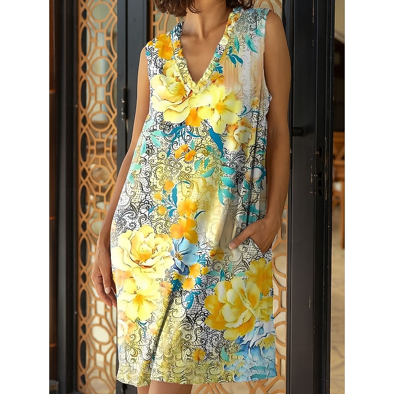Women's Midi Dress Sundress Shift Dress Ruffle Dress Vacation Party Birthday Party Beach Regular Fit Floral Graphic Sleeveless V Neck Yellow Pink Red Blue Summer