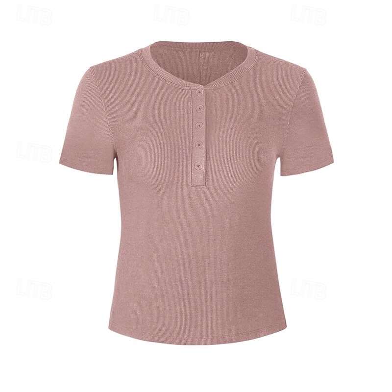 Women's Yoga T-shirt Henley Collar Breathable Short Sleeve Sports Solid Color Top For Pilates Running Yoga Activewear3