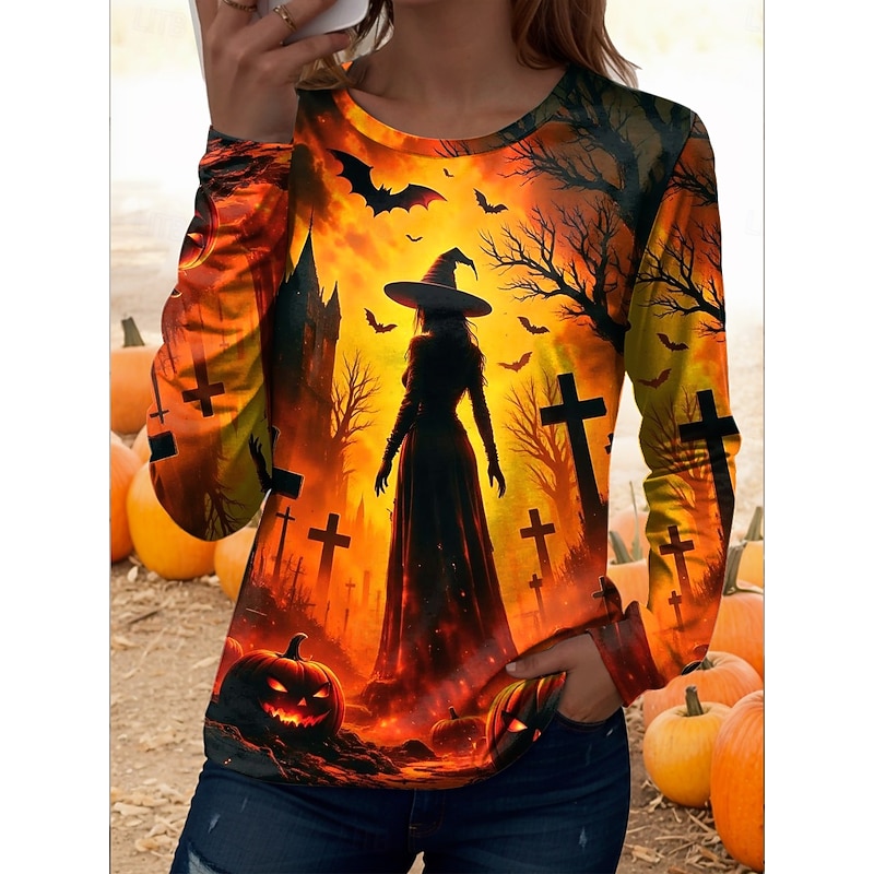 Halloween Women's T shirt Witch Long Sleeve Crew Neck Long Sleeve Tunic Graphic Vintage Casual Regular Tops Daily Print Black Yellow Orange Spring Fall Prefall