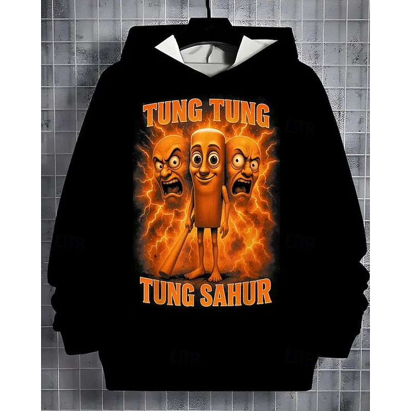 Boys' Long Sleeve Italian Brain Rot Element TUNG TUNG TUNG SAHUR Print  Hoodie Long Sleeve Spring Fall Fashion Streetwear Kids 4-12 Years Hooded Outdoor Casual Daily Regular Fit