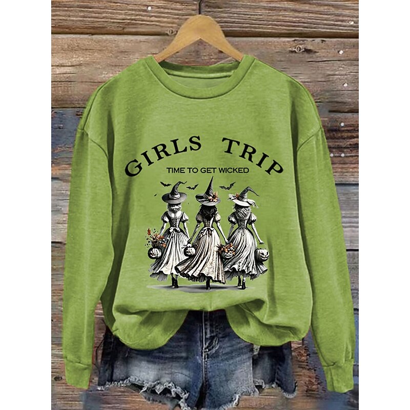 Halloween Women's Sweatshirts Witch Graphic Letter Casual Long Sleeve Crew Neck Regular Tops Street Dailywear Casual Print White Orange Green Fall Winter