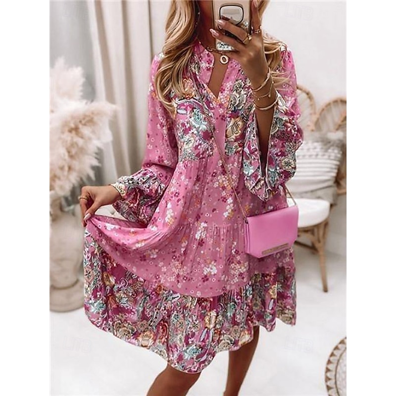 Women's Mini Dress Casual Dress Boho Dress Spring Dress Vacation Streetwear Vacation Street Holiday Regular Fit Floral Long Sleeve Split Neck Pink Blue Green Summer Spring2