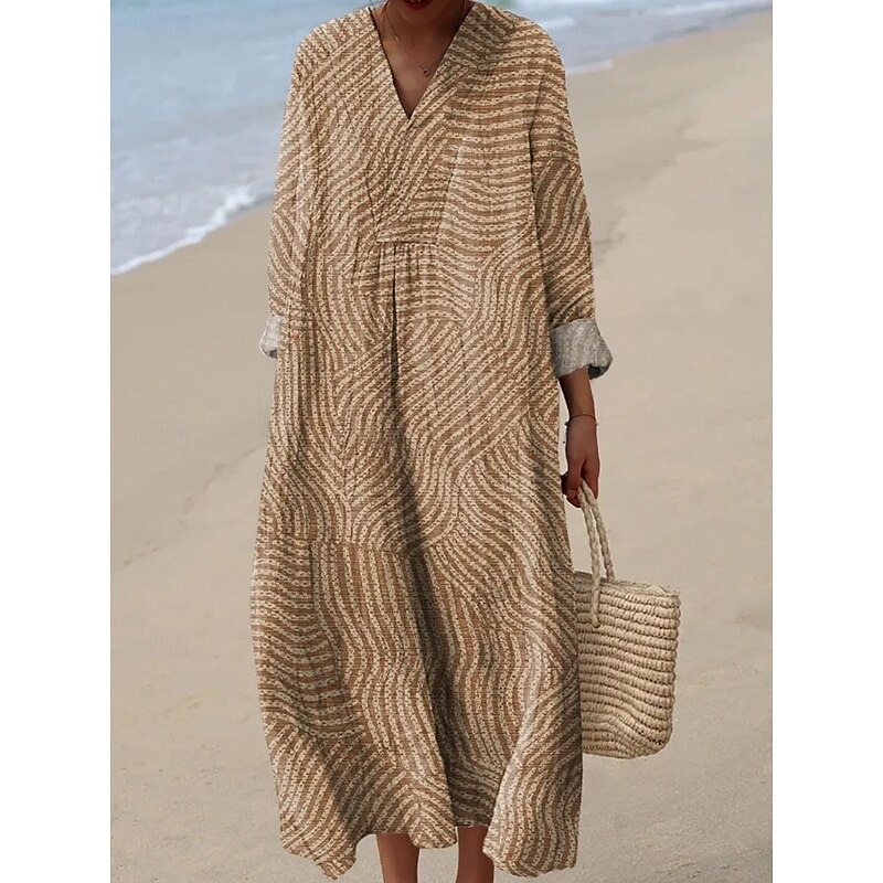 Women's Midi Dress V Neck Long Sleeve Kaftan Lightweight Loose Fit Casual Dress A Line Dress Casual Boho Party Loose Fit Graphic Geometric Abstract Long Sleeve V Neck Yellow Pink Blue Brown Fall4