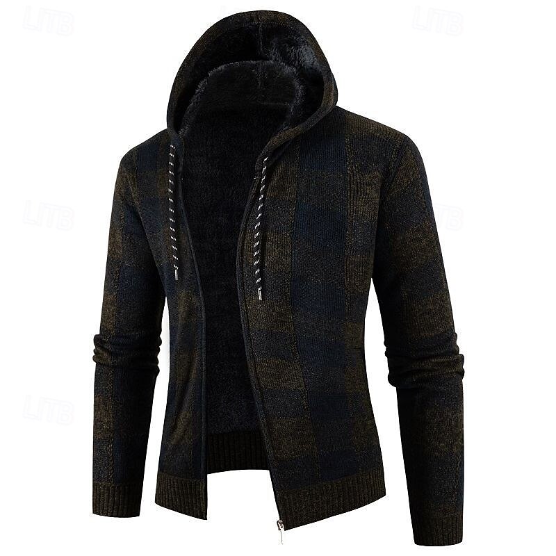 Men's Cardigan Sweater Cropped  Sweater Zip Sweater Knit Sweater Ribbed Knit Regular Tops Knitted Plaid Hooded Fashion Classic Vacation Daily Wear Clothing Apparel Fall Winter Red Navy Blue M L XL4
