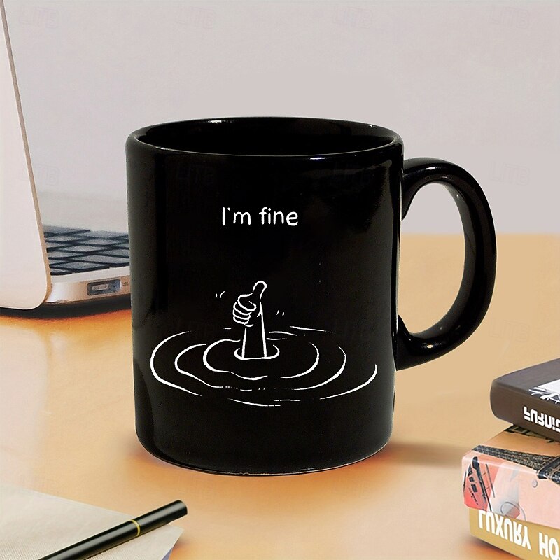 Funny Coffee Mug Im Fine Drowning Meme Black Ceramic Mug 11oz 330ml Sarcastic Gag Gift for Coworkers Friends Adults3