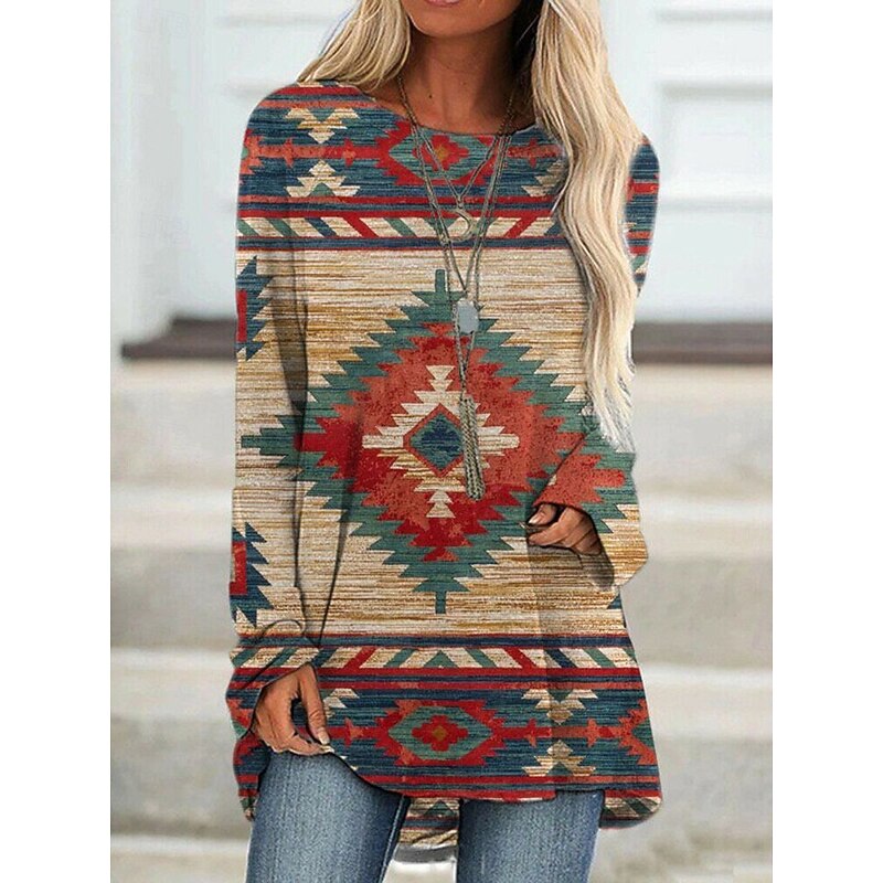 Women's T shirt Long Sleeve Graphic Geometric Vintage Stylish Classic Long Sleeve Crew Neck Round Neck Regular Tops Daily Print Red Orange Green Khaki Spring Fall Prefall