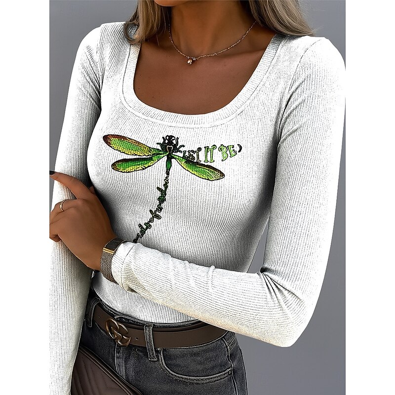 Easter Women's T Shirt Ribbed Graphic Square Neck Long Sleeve Casual Floral Butterfly Vintage Stylish Regular Tops Daily Print White Blue Purple off-white Summer Spring Fall2