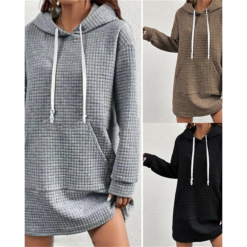 Women's Texture Sweatshirt Pullover Hoodie Waffle  Sweatshirt Plain Streetwear Casual Comfy Long Sleeve Hooded Regular Tops Street Holiday Going out Pocket Black Coffee Gray Fall2