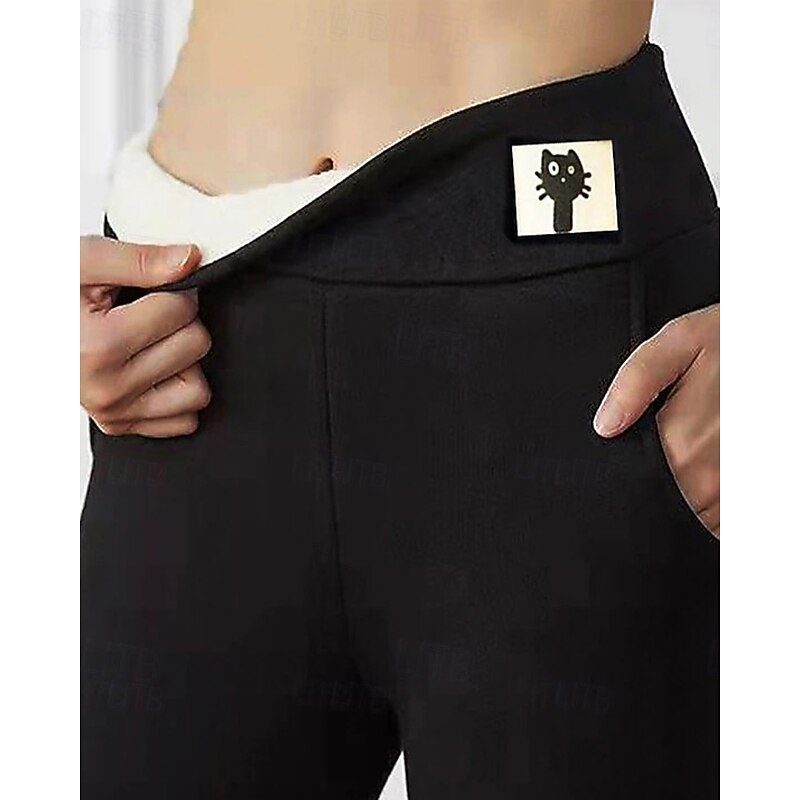 Women's Slacks Leggings Cozy Fleece Lined Streetwear Casual Full Length Natural Plain Elastic Waist Comfortable Street Daily Wear Weekend Black Winter Regular Fit3
