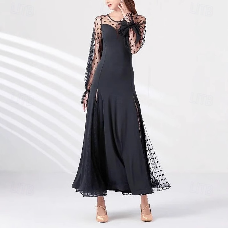 Women's Maxi Dress Sheath Dress Tulle Dress Elegant Wedding Vacation Party Regular Fit Polka Dot Long Sleeve Crew Neck Black Summer Spring Fall Winter3