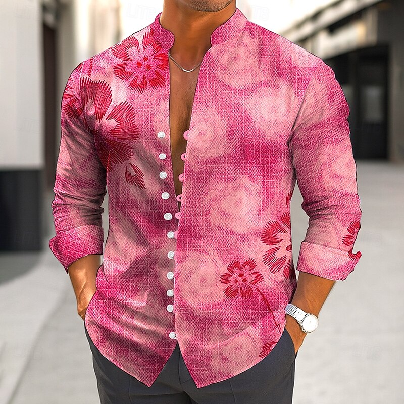 Men's Floral Print Tropical Flowers Shirt Aloha Shirt Stand Collar Shirt Long Sleeve Hawaiian Vacation Daily Wear Going out Spring Fall Mandarin Collar Band Collar Button-Down Linen Like Shirt Blue3