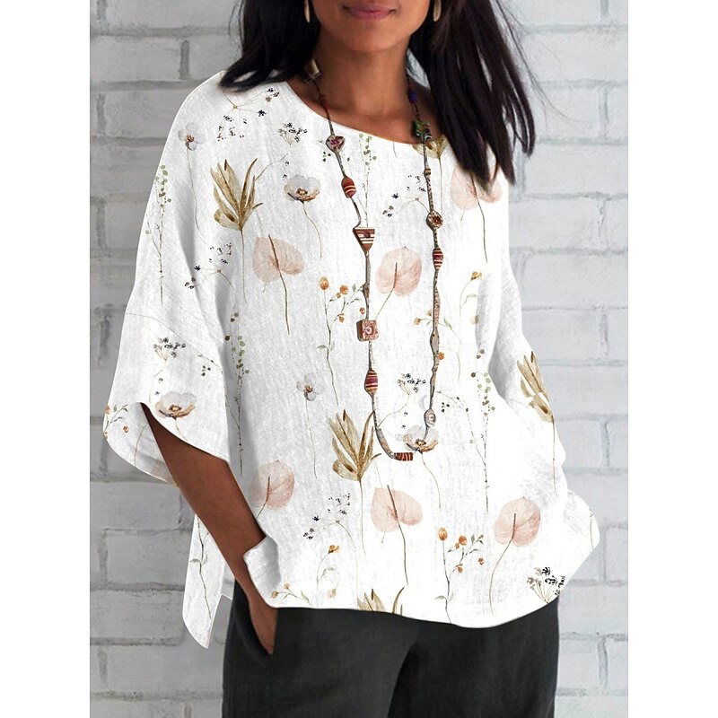 Women's Shirt Floral Daily Casual 3/4 Length Sleeve Crew Neck Regular Tops Daily Holiday Print White Yellow Red Blue Summer Spring Fall2
