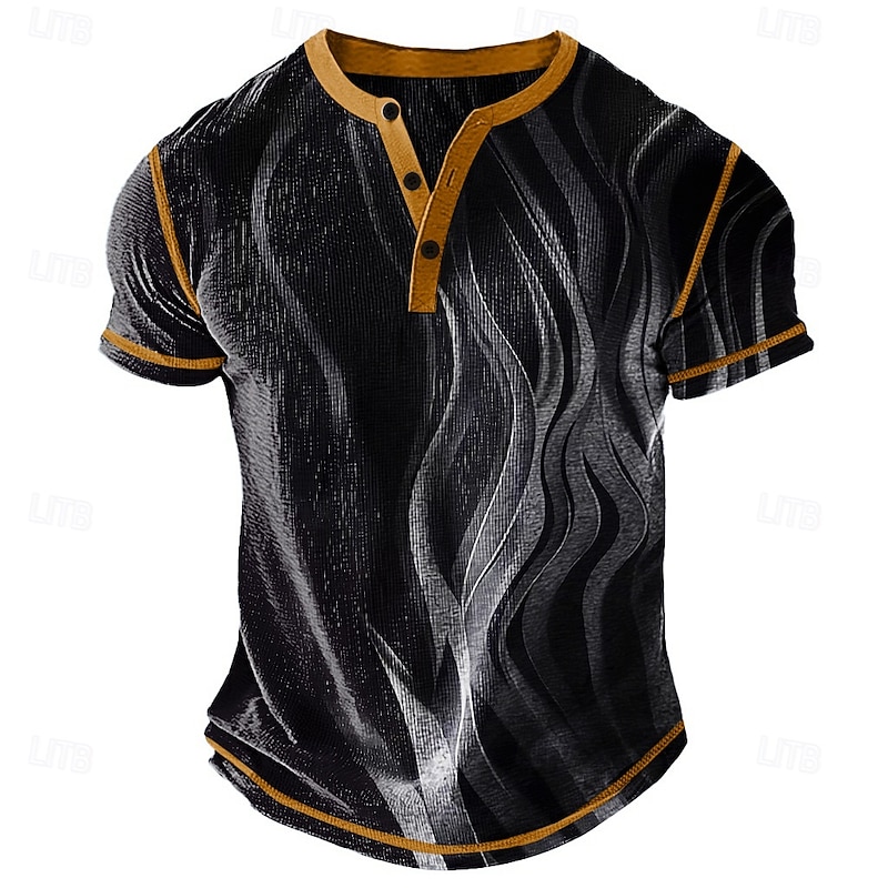 Men's Graphic Abstract Henley Shirt Waffle T Shirt Short Sleeve Daily Retro Vintage Classic Sports Outdoor Casual Holiday Spring & Summer All Seasons Dark Brown Black Dark Blue Green Burgundy Henley