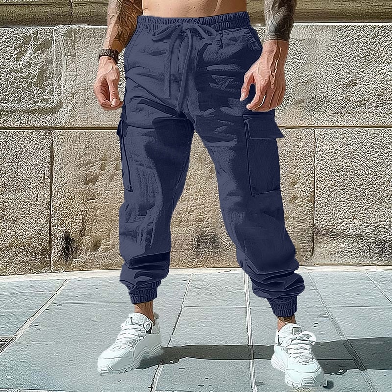 Men's Cargo Pants Linen Pants Trousers Summer Pants Jogger Pants Elastic Waist Drawstring Plain Comfort Breathable Full Length Outdoor Casual Daily Vacation Fashion Black White Inelastic3