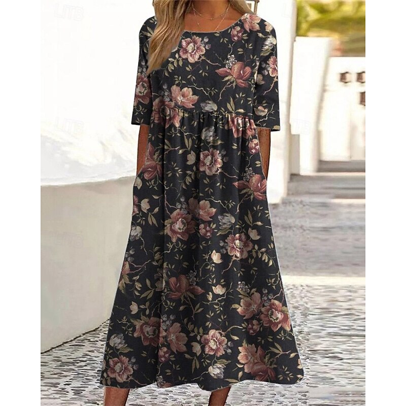 Women's Midi Dress Casual Dress Summer Dress Fashion Modern Daily Beach Weekend Regular Fit Flower Half Sleeve Crew Neck Black Purple Green Spring Fall