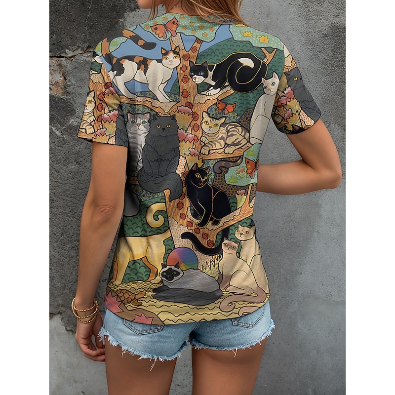 Women's T Shirt Graphic Animal Cat Vintage Stylish Classic Short Sleeve V Neck Regular Tops Daily Print Yellow Pink Blue Purple Orange Summer Spring2