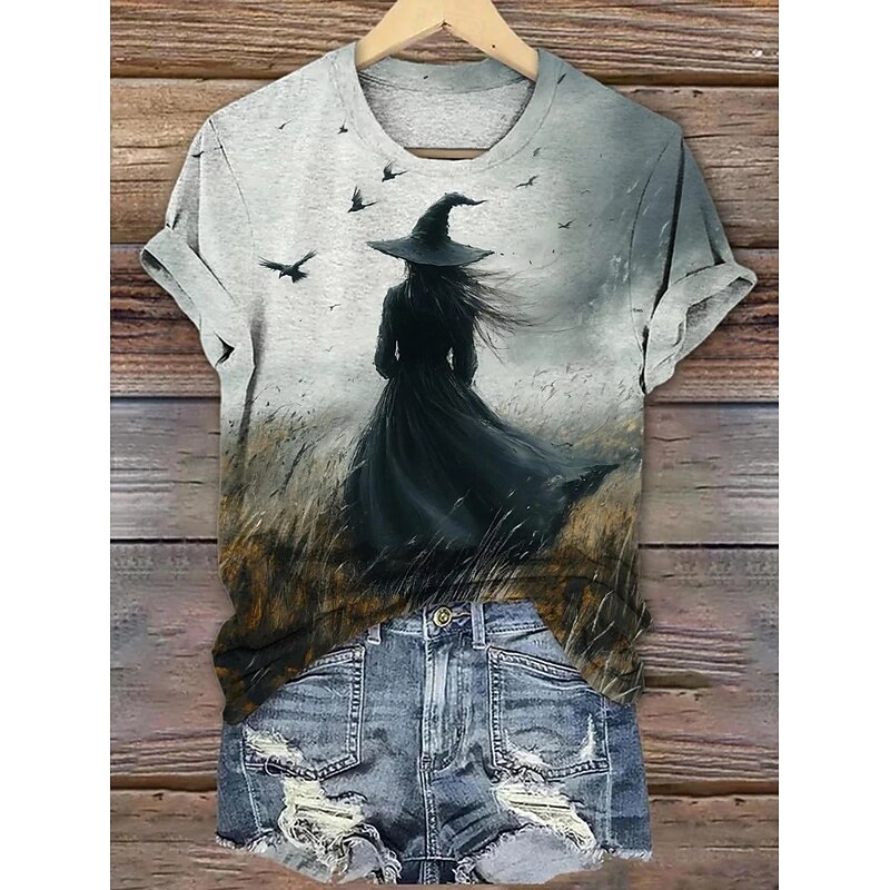 Halloween Women's T shirt Witch Graphic Vintage Stylish Classic Short Sleeve Crew Neck Regular Tops Daily Weekend Print Sage Green Yellow Blue Orange Gray Summer Spring Fall