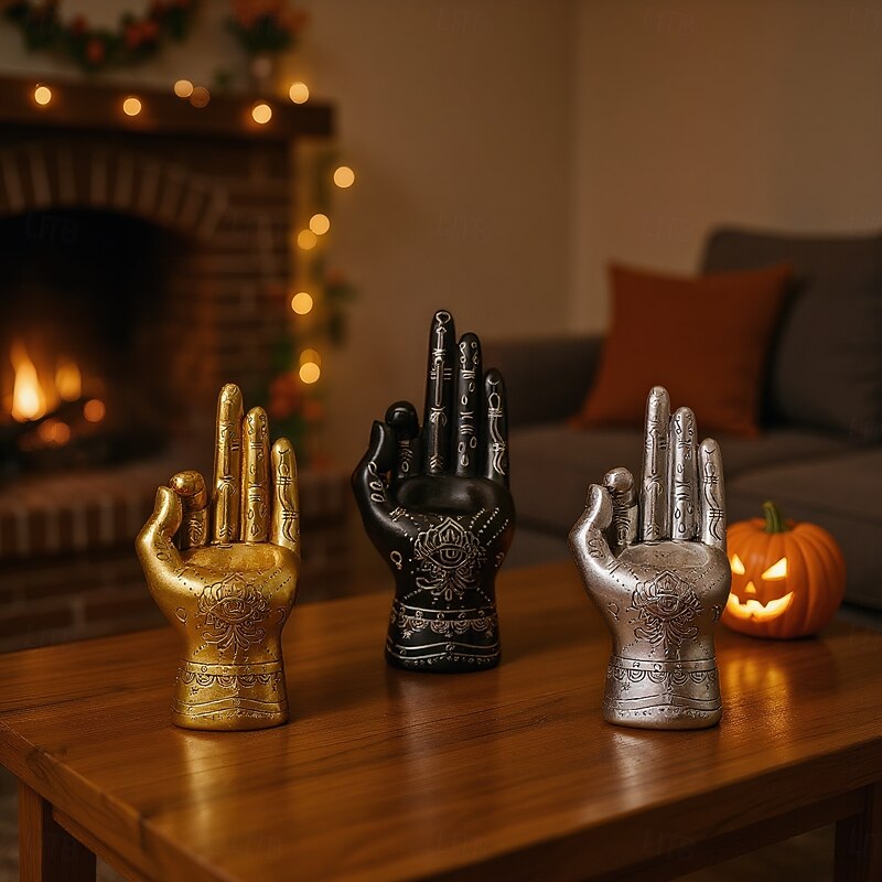 Halloween Resin Left Hand with Three Eyes Statue, Spooky Art Decor with Candle Holder, Horror Design Element for Home Decor, Halloween Parties, and Day of the Dead Celebrations2