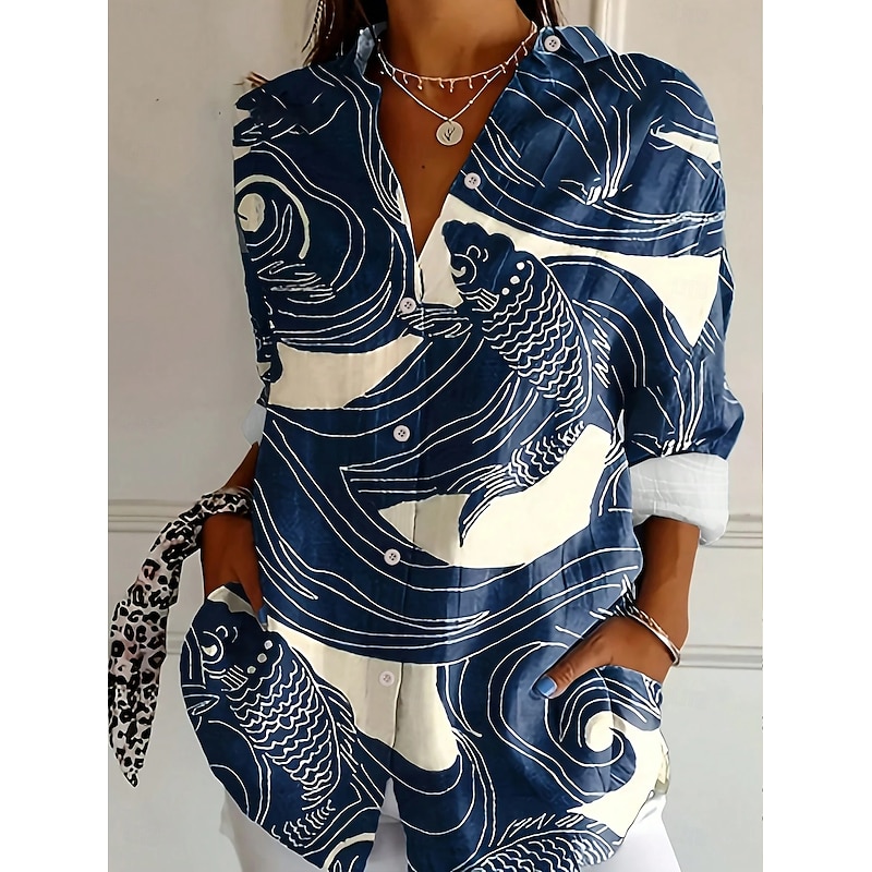 Women's Shirt Button Down Tunic Shirt Collar Long Sleeve Graphic Animal Elegant Vintage Tropical Regular Tops Daily Holiday Beach Wear s Print Black Pink Blue Spring Fall