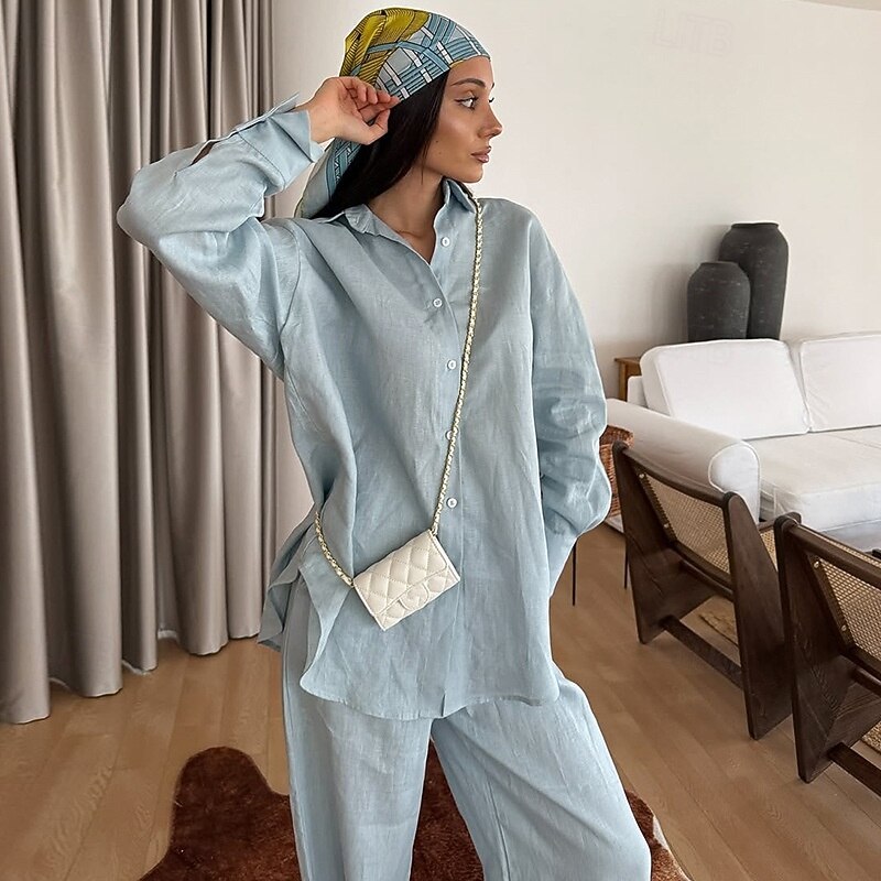Women's Vacation Vintage Fashion Shirt Pants Sets Long Sleeve Shirt Collar Solid Color Vacation Casual Daily Blue Summer Loose Fit2