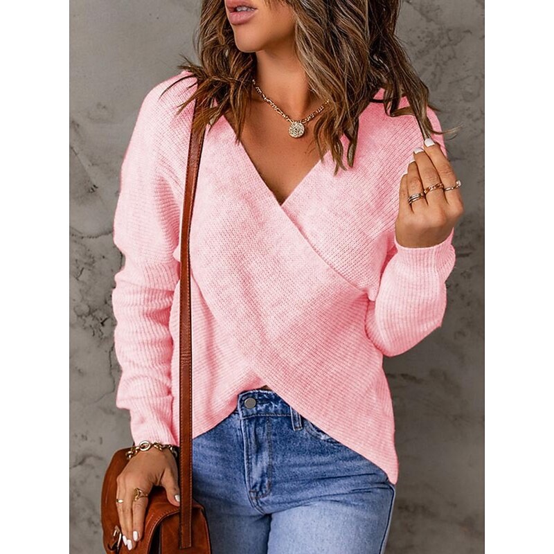 Women's Sweater Casual Soft Pure Color Ribbed V Neck Criss Cross Knitted Long Sleeve Regular Tops Knit Outdoor Daily Weekend Pink Gray Fall Winter2