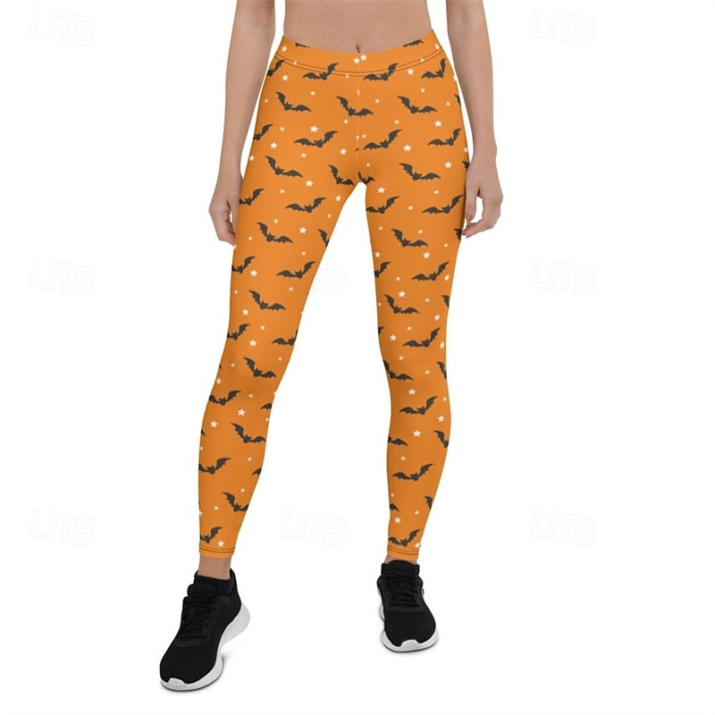 Women's Pants Trousers Leggings Cozy Leggings Streetwear Casual Full Length High WaistPantsHalloween Bat Elastic Waist Print Breathability Comfortable Stretchy Vacation Street Daily Wear Orange