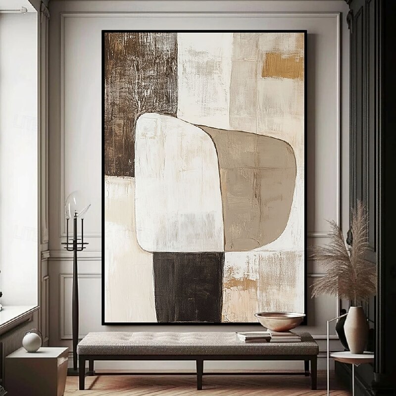 Handmade 3D Oil Painting Abstract Geometric Chair Form Minimalist Neutral Tone Painting Earthy Browns Cream Gold Block Composition Serene Artistic Decor2