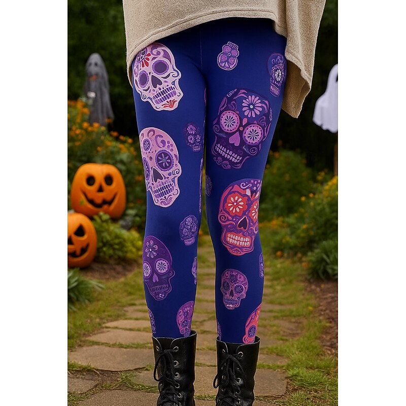 Women's Leggings Vacation Vintage Ethnic Style Ankle-Length High WaistPantsHalloween Graphic Skull 3D Print Quick Dry Breathability Soft High Elasticity Outdoor Home Causal Lake blue Purple Fall Slim