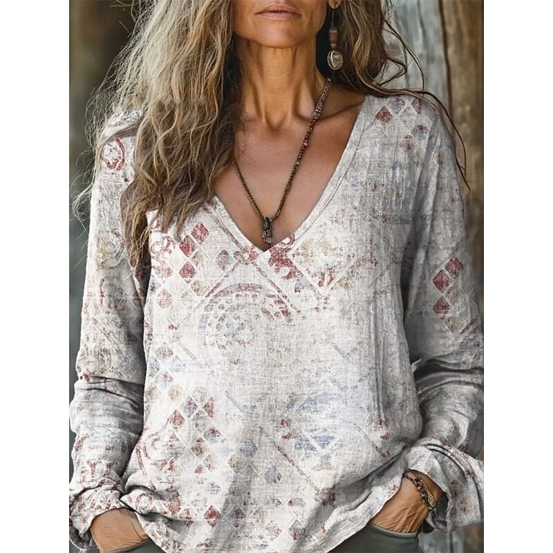 Women's Blouse Floral Bohemia Daily Long Sleeve V Neck Regular Tops Daily Holiday Print White Pink Dusty Rose Blue Purple Summer Spring Fall4