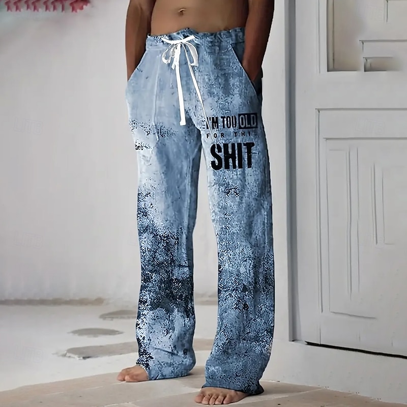Men's Creepy Lettering Letter Printed Funny Trousers Baggy Pants Casual Pants Mid Waist Casual Outdoor Vacation Elastic Drawstring Waist Linen-Like Pants with Pockets Spring Fall 3D Print Blue2