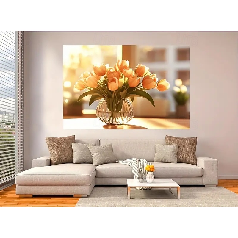 Large Frameless Modern Canvas Art - Vibrant Tulip Vase Paintings For Living Room And Bedroom Decoration Warm Golden Tones Glass Vases With Flowers Modern Wall Art In Neutral Spaces Bedroom Wall Ar - Main Image