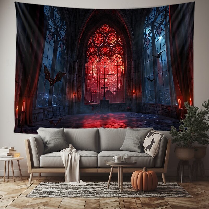 Halloween Gothic Cathedral Wall Tapestry – Red Stained Glass Window Scene with Dark Ambiance, Horror Backdrop for 2025 Halloween Living Room, Bedroom, Haunted House Decoration4