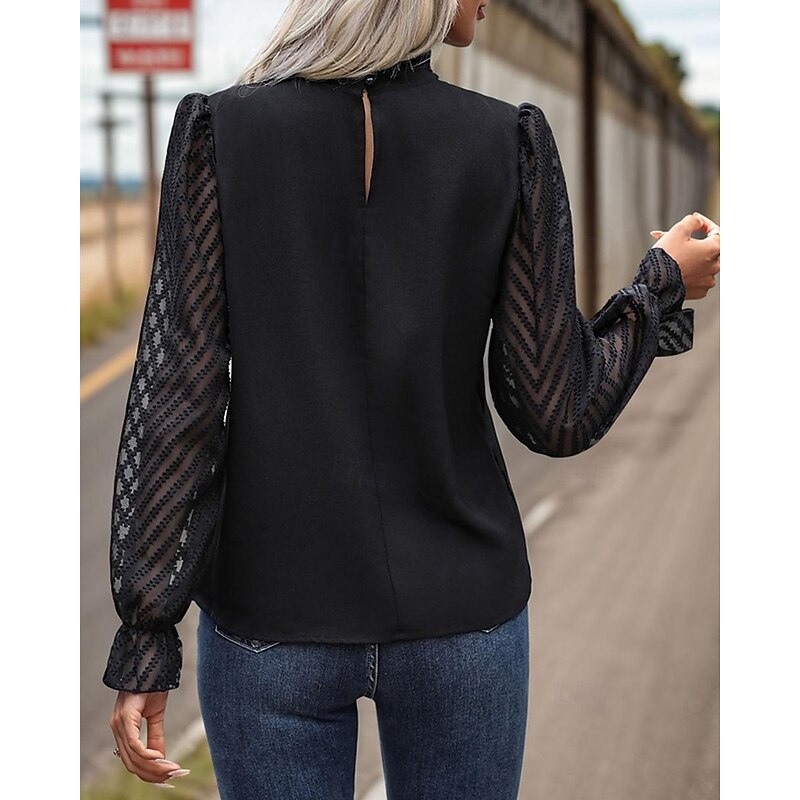 Women's Shirt Texture Blouse Plain Stylish Modern Long Sleeve High Neck Regular Tops Daily Going out Buttons Mesh Black Spring Fall4