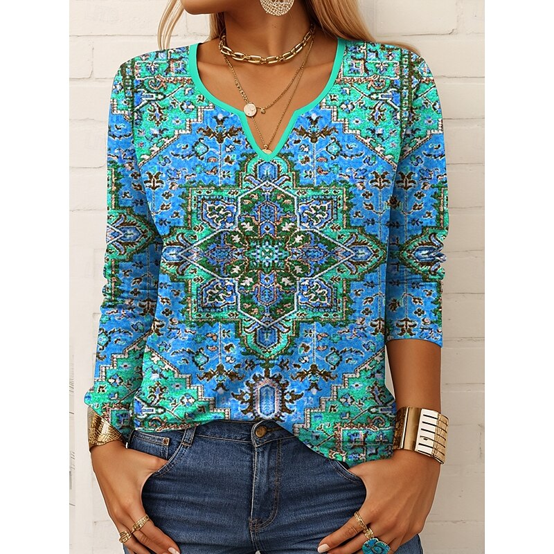 Women's T Shirt Graphic Geometric Vintage Stylish Casual Long Sleeve Notched Neck Regular Tops Daily Print Yellow Blue Purple Orange Summer Spring Fall3