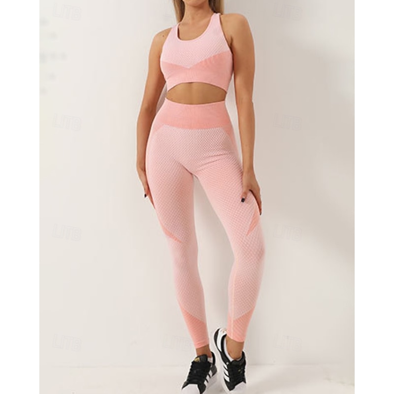 Women's 2 Pieces Yoga Sweatsuit Lounge Outfits  Sports Bra Seamless Leggings Patchwork Color Block Clothing Suit Lake Blue ArmyGreen Gym Workout High Waist Stretchy Breathable Sleeveless Sport3