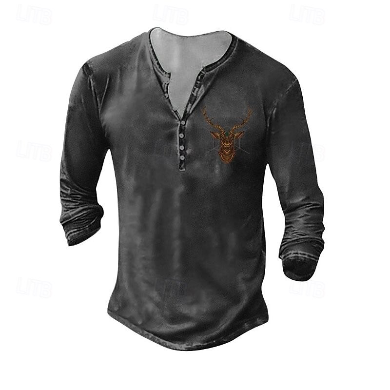 Men's Henley Shirt Tee Tee Top Long Sleeve Shirt Long Sleeve Henley Summer Fall Pattern Deer Fashion Designer Fashion Vintage Vacation Street Going out Dark Grey Black White Top Tee for Men4