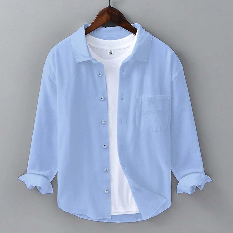 Men's Shirt Linen Shirt Summer Shirt Beach Shirt Button Up Shirt Plain Outdoor Street White Blue Green Long Sleeve Turndown Summer Spring Clothing Apparel Pocket2