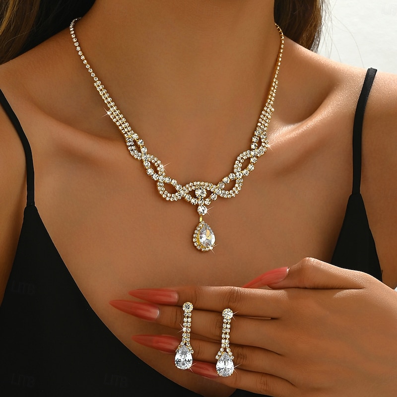 Bridal Jewelry Sets Two-piece Suit Zircon Imitation Diamond 1 Necklace Earrings Women's Fashion Sweet Lovely Hollow Out Love Precious Diamond Water Drop Jewelry Set For Wedding Gift Daily2