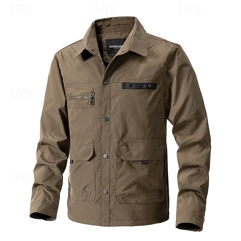 Men's Lightweight Jacket Shirt Jacket Sports Outdoor Casual Waterproof Windbreaker Multi Pocket Spring &  Fall Solid Color Active Casual Hooded Regular Black Green Khaki Coffee Jacket3