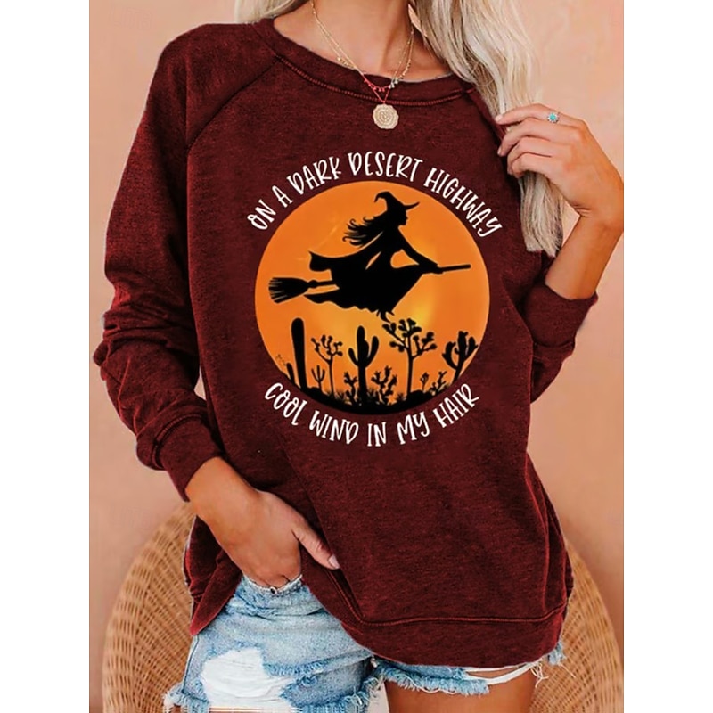 Halloween Women's Pullover Sweatshirt Witch Graphic Fashion Casual Long Sleeve Crew Neck Round Neck Regular Tops Casual Print White Light Green Wine Blue Light Grey Fall Winter3