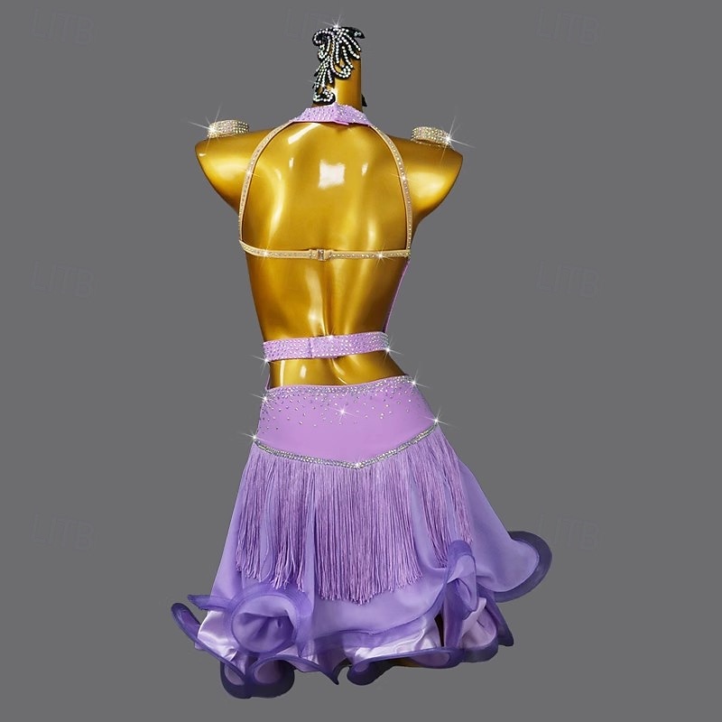 Latin Salsa Dance Dress Crystal / Rhinestone Tassel Pure Color Women's Performance Party Sleeveless Nylon2